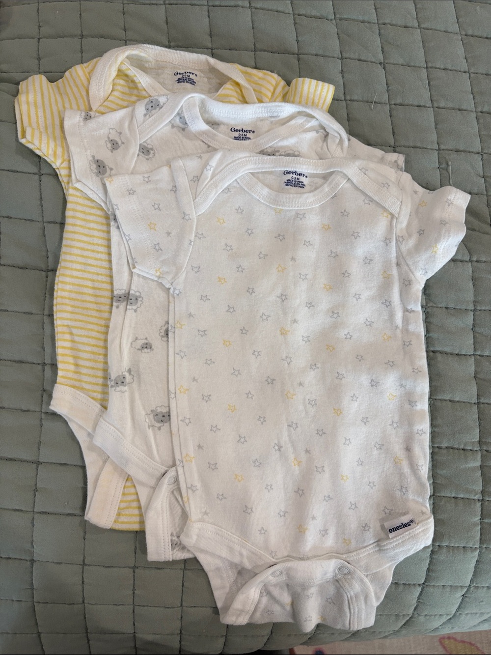 FREE Gerber Baby Onesies - White, Yellow, Light Gray - 3-Pack (Assorted Prints)